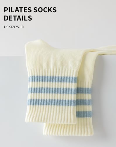 Yawlsow Cute Ruffle Pilates Grip Socks, Non-Slip Crew Socks for Women, 1 Pack, Three Stripes Blue