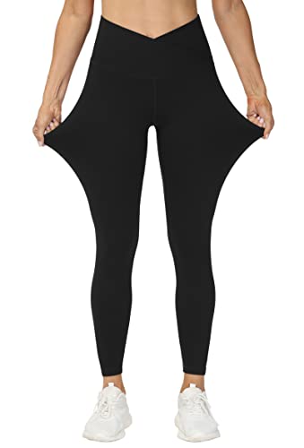 Women’s V Cross Waist Yoga Leggings - Tummy Control Workout Pants, Medium, Black