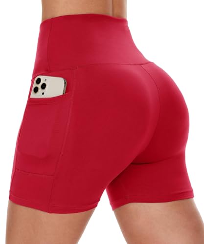 CAMPSNAIL Women's Biker Shorts with Pockets - 3/5/8 Inch Workout Yoga Gym Shorts, Large-X-Large, Red