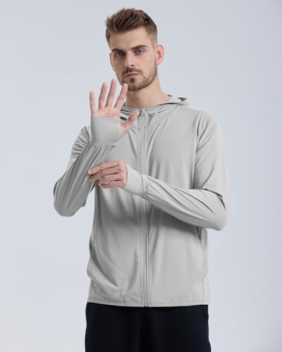 Locachy Men's UPF 50+ Sun Protection Zip Hoodie - Large Light Grey Outdoor Performance Shirt