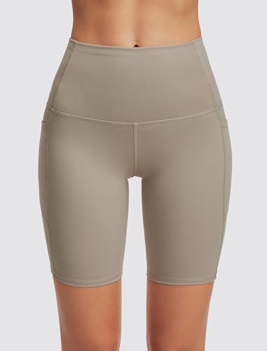 Women's High Waisted Biker Shorts with Pockets - Cream X-Large 8" Tummy Control Yoga & Workout Leggings