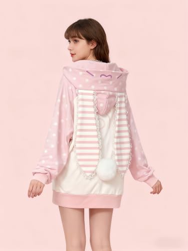 Pink Small Women's Y2K Bunny Ear Hoodie Harajuku Kawaii Baggy Jacket