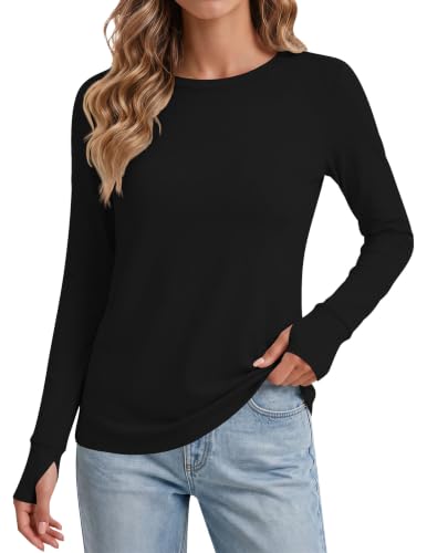 Womens Long Sleeve Thermal Shirt with Thumb Holes - Large Black