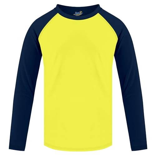 Boys' Long Sleeve Rash Guard UPF 50 Sun Shirt - Yellow Navy, 10-12 Years