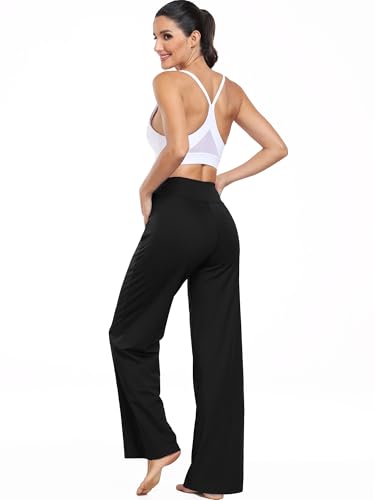 CADMUS High Waist Yoga Pants Women - Wide Leg with Pockets, 31" Inseam, Medium, Black