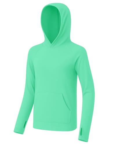Boys Rash Guard Hoodie - UPF 50+ Long Sleeve Swim Shirt, Medium Seaweed Green