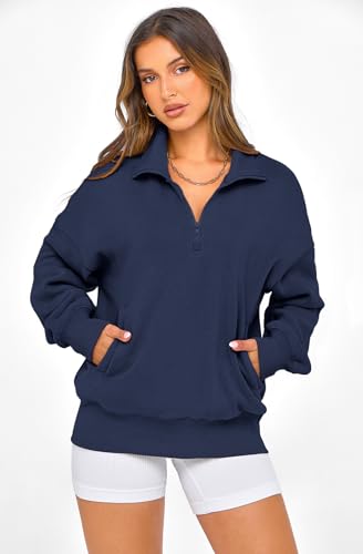 Womens Half Zip Oversized Fleece Hoodie - Navy, Small