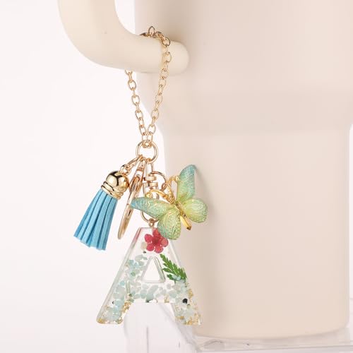 Bottle Chain for Tumbler with Letter A Charm, Butterfly & Tassel - Gold