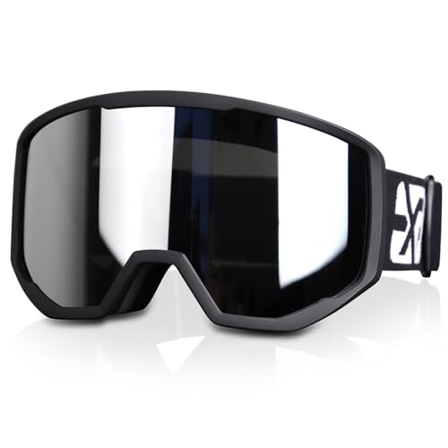 Ski Snowboard Goggles with Anti-Fog UV Protection - Black Frame Silver