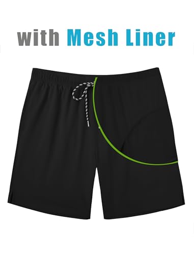 COOFANDY Men's 7 Inch Black Swim Trunks with Mesh Liner, Large
