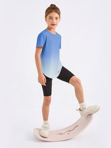 Girls Gradient Athletic Shirt - Short Sleeve Quick Dry Tee - Sky Blue / 9-10 Years
