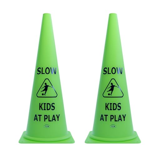 Vibrant Green 'Kids at Play' Safety Cone - 2ct, 19in Tall Durable & Fun Child Safety Solution for Driveways, Streets, Schools, and Parks