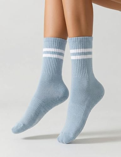 Yoga Socks for Women - Cotton Non-Slip Grips, 2 Pack Green+Blue, Above Ankle