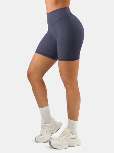 High Waist Women's Workout Shorts 6" Breathable Elastic - Large Blue