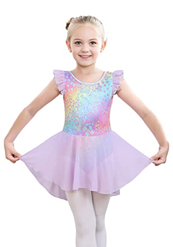 Ruffle Sleeve Tutu Leotard Dress for Girls - Leopard-Purple, 5-6 Years
