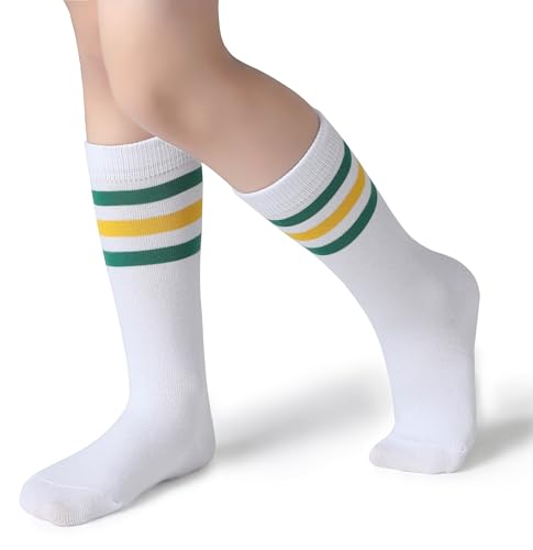 Boys Girls Over the Calf Striped Tube Socks - Green/Yellow/White, Age 4-6