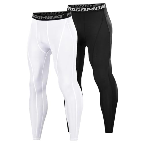 Towintec Men's Compression Pants Leggings for Running & Workout, Black & White, Small