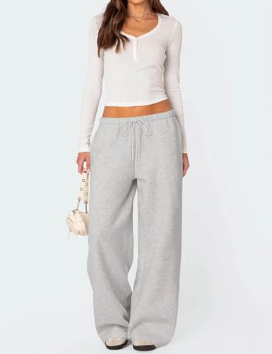 HeSaYep Women's Baggy Grey Fleece-Lined Wide Leg Sweatpants - Medium