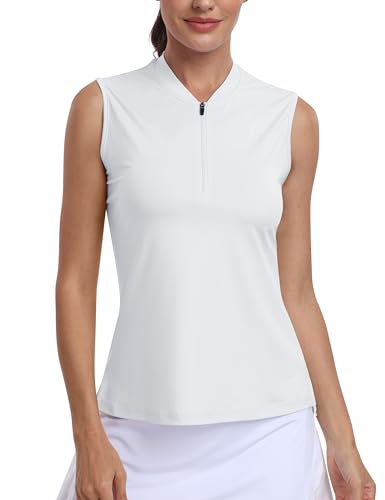 MoFiz Women's Sleeveless Golf Polo Shirt Medium White - 1/4 Zip Tennis Top