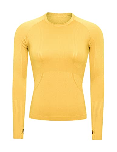 Women's Long Sleeve Yoga Shirt - Breathable Athletic Top, Large Yellow