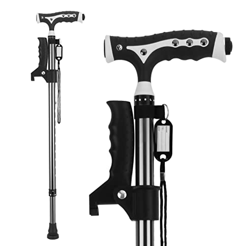Yayayo Black Aluminum Foldable Walking Cane for Seniors - 440 Lb Support, Adjustable & LED Light