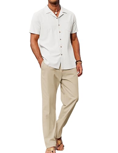 COOFANDY Men's 2-Piece Linen Beach Outfit - Large White Shirt & Khaki Pants Set