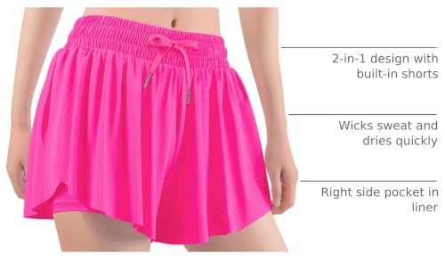 Auranso Girls Butterfly Shorts 2-in-1 Athletic Flowy Shorts with Pocket, 7-8 Years Hot Pink