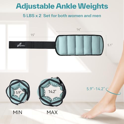 Light Blue Sportneer Adjustable Ankle Weights 2-10 lbs for Fitness & Training