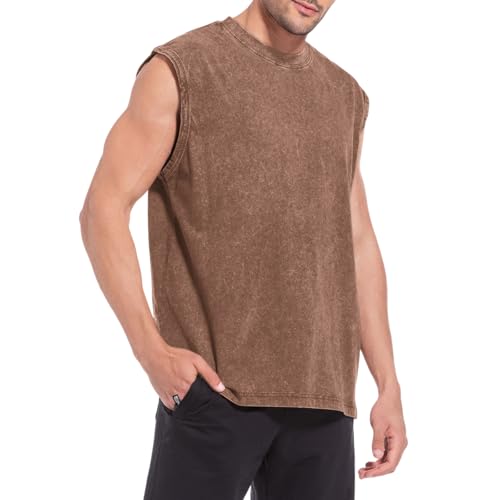 Muscle Cut Off Tank Top for Men - Acid Wash Cotton Tee - Coffee / XX-Large