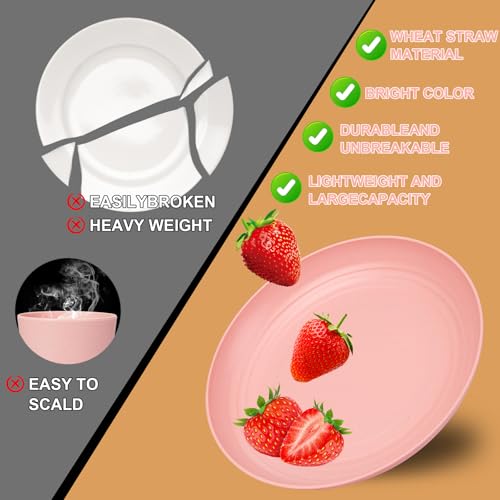Rubtlamp 16Pcs Pink Wheat Straw Reusable Dinnerware Set for 4 | Durable Plates & Bowls