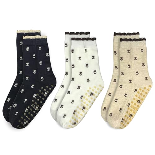 Non-Slip Floral Jacquard Yoga Socks for Women - 3 Pairs, One Size - Black, White, Beige