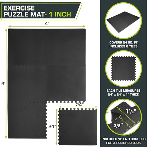 Extra Thick EVA Foam Exercise Puzzle Mat - Black, 6 Tiles (24 SQ FT)