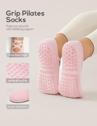 Womens Pilates Socks with Grips - 4 Pairs, Anti-Slip - Black, Grey, Pink, Purple