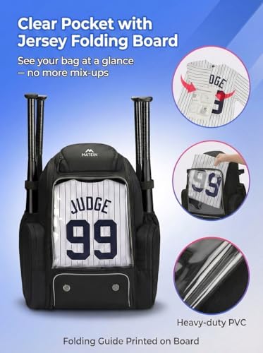 MATEIN PRO Youth Baseball Backpack Black with Collapsible Shoe Compartment & Bat Holders