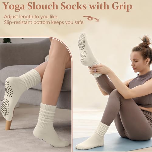 Slouchy Pilates Socks with Grips - 3 Pack - Off White, Light Brown, Khaki