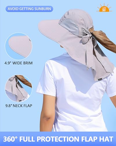 Women's Light Gray Wide Brim UV Sun Hat with Ponytail Hole & Neck Flap - One Size Outdoor Hat