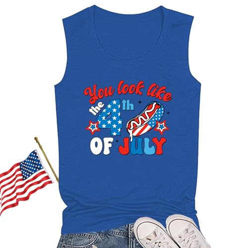 Patriotic American Flag Print Tank Top - Medium Sea Blue
