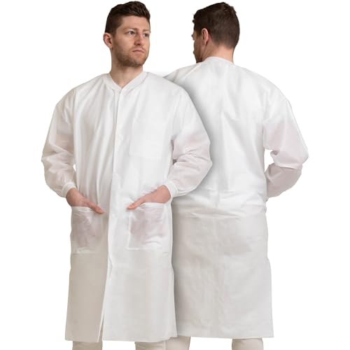Pack of 10 Disposable Lab Coats - White - With 3 Pockets and Soft Knit Cuffs & Collar | SMS Unisex Knee Length Medical Lab Jacket, For Hospitals, Pharmacies, Labs, Dental Clinics, Painting - Medium