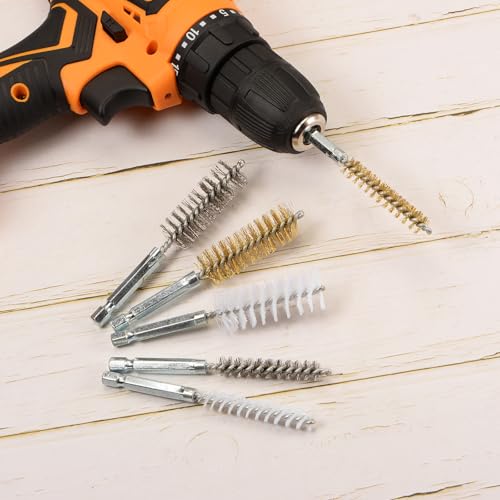 HARFINGTON 5Pcs Brass Bore Brush 10mm Dia 4" Long Cleaning Twisted Wire Brush with Handle 1/4" Hex Shank for Tubes, Ports, Bearings