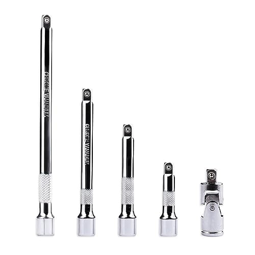 5 Pcs Extension Bar Set, 1/4" Socket Extension Set, Include 4 Pcs Extensions(2"/50mm, 3"/75mm, 4"/100mm, 6"/150mm) and 1 x 1/4 Inch Drive Universal Joint Socket, Chrome Vanadium Steel