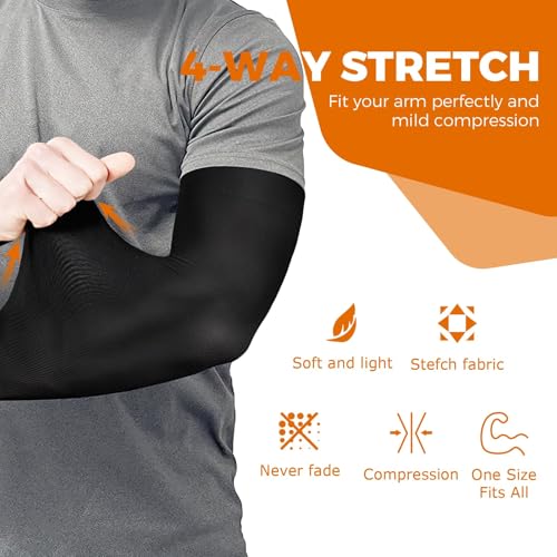 Compression Arm Sleeves UV Sun Protection - 5 Pairs, Black & Grey, Large