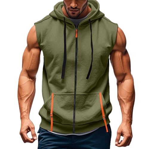 Men's Lightweight Full Zip Sleeveless Hooded Vest - Army Green, Medium