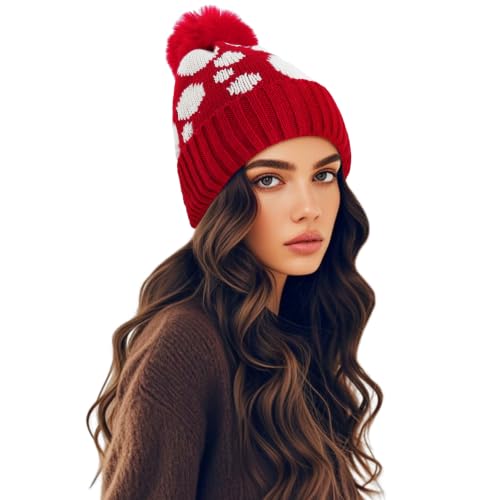 Women's Fleece Lined Winter Beanie Hat with Earflaps and Pom - Red Dots
