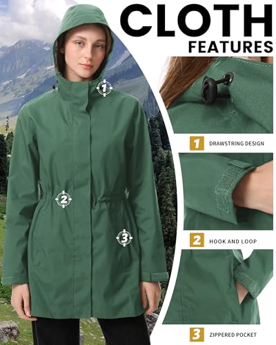 iCreek Women's Long Waterproof Rain Jacket with Hood, Packable, Dark Green (Medium)