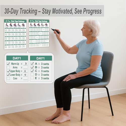 Chair Yoga Poster Set for Seniors - 5 Illustrated Guides & 5 Challenges