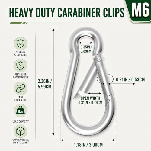 Heavy Duty Spring Snap Hook Carabiners - 10PCS Silver M6 (2.35 Inch)