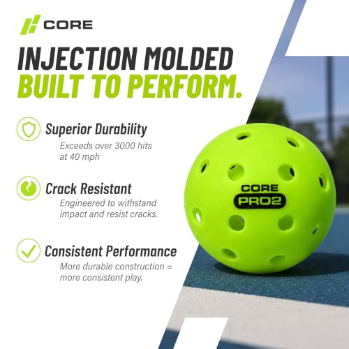 CORE PRO2 Outdoor Pickleball Balls 12 Pack - Textured Lime Green, 40-Hole Design, Crack-Resistant for Hard Courts