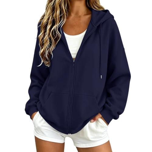 Women's Oversized Zip-Up Hoodie - Large Navy, Cozy Fleece Jacket