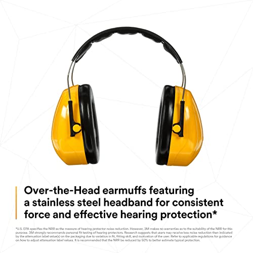 3M PELTOR Hearing Protection Optime 98 Earmuffs, Over-the-Head, H9A, 25 dB NRR, Adjustable Tilt Earcups, Stainless Steel Headband, E-A-Rfit Compatible, Pack of 1, Yellow