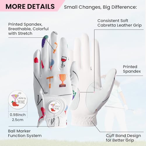 GKandi Women's Golf Glove with Magnetic Ball Marker - WineCup Medium, Left Hand, All Weather, Breathable, Stylish Set with Tee & Divot Tool